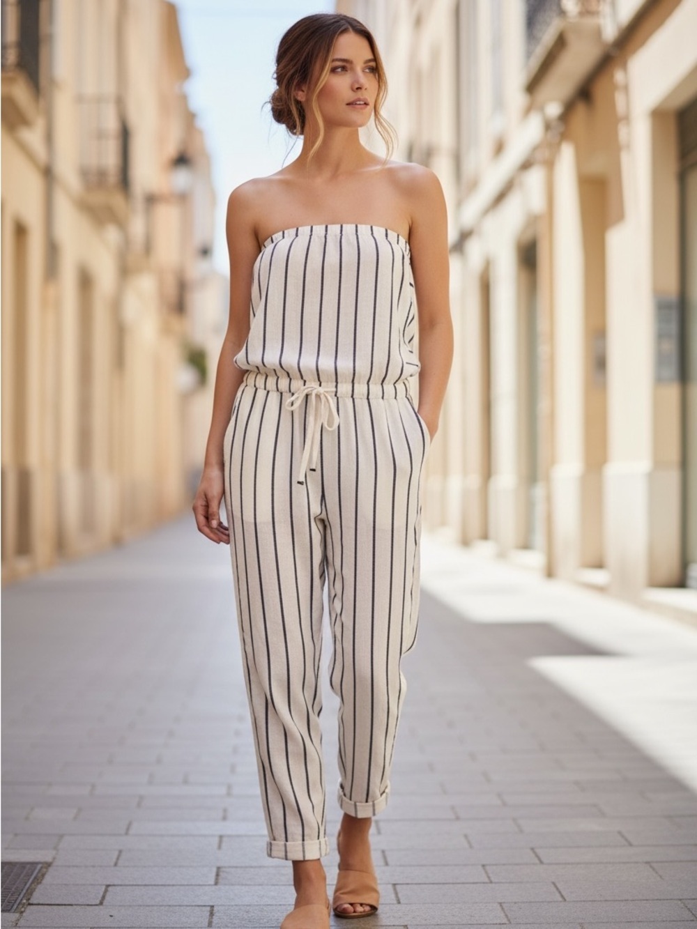 LOFT Beach Strapless Pinstripe Linen Blend Jumpsuit linen & cotton blend